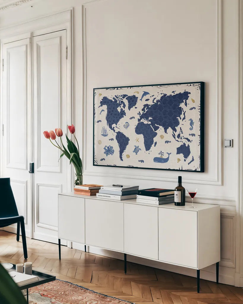 Primitive Sea II by Daphne Brissonnet. shown as a framed stretched canvas in a living room above a console. Available as a archival giclee rolled canvas, fine art paper, or poster print. SKU 63855i.