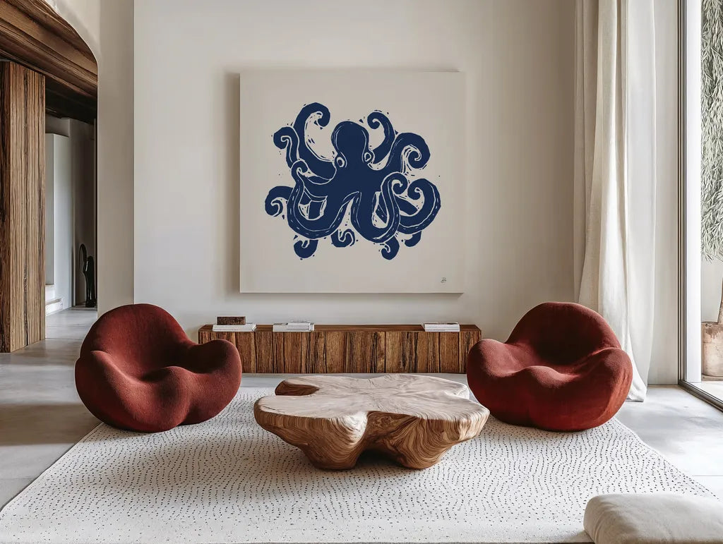 Primitive Sea IV Navy by Daphne Brissonnet. Shown as extra-large giant wall art in a modern living room. Available as an archival giclee rolled canvas, fine art paper, or poster print. SKU 65666a.