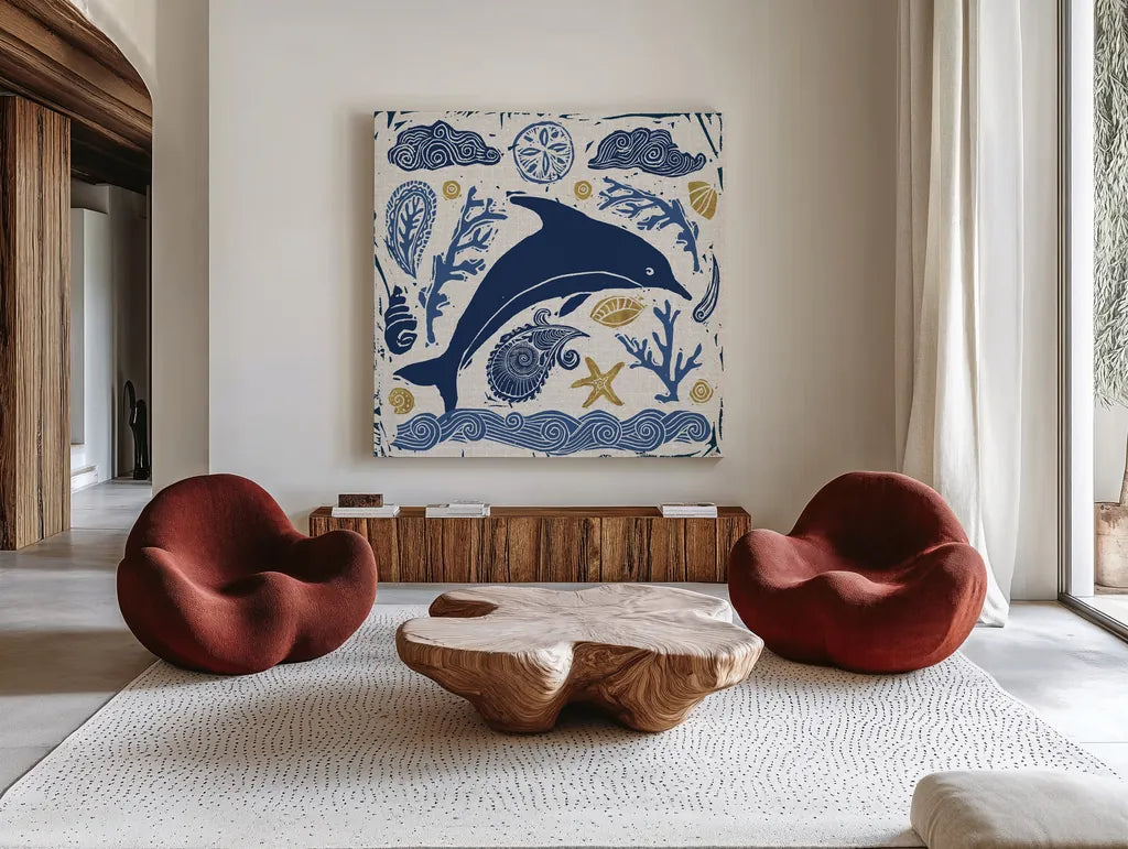 Primitive Sea VIII by Daphne Brissonnet. Shown as extra-large giant wall art in a modern living room. Available as an archival giclee rolled canvas, fine art paper, or poster print. SKU 63861a.
