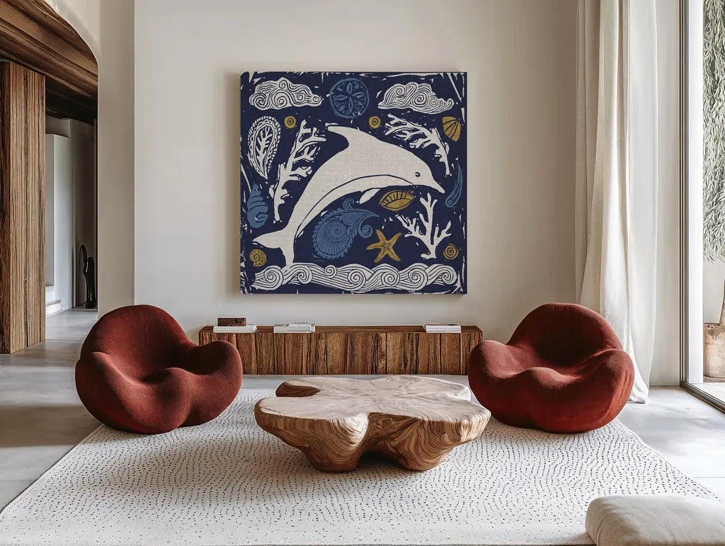 Primitive Sea VIII Dark by Daphne Brissonnet. Shown as extra-large giant wall art in a modern living room. Available as an archival giclee rolled canvas, fine art paper, or poster print. SKU 63869a.