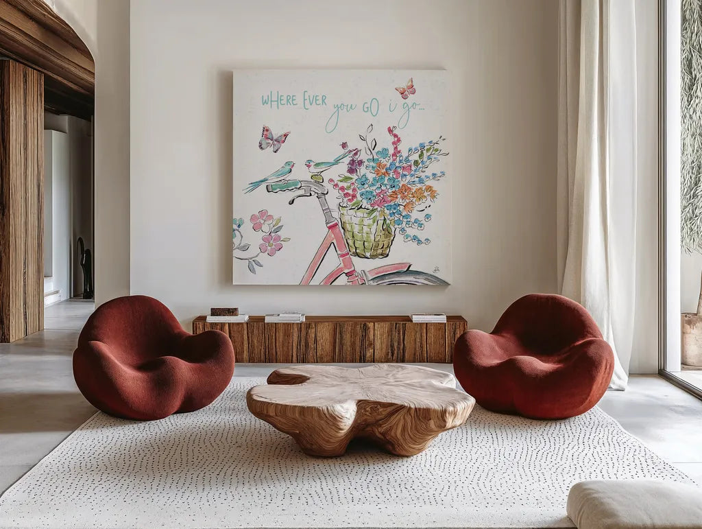 Sparrow Spring IV Light by Daphne Brissonnet. Shown as extra-large giant wall art in a modern living room. Available as an archival giclee rolled canvas, fine art paper, or poster print. SKU 37667a.