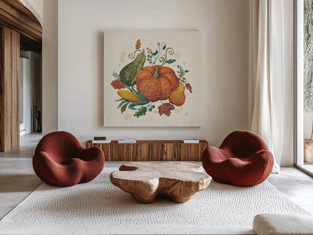 Spice Season VIII by Daphne Brissonnet. Shown as extra-large giant wall art in a modern living room. Available as an archival giclee rolled canvas, fine art paper, or poster print. SKU 32239a.