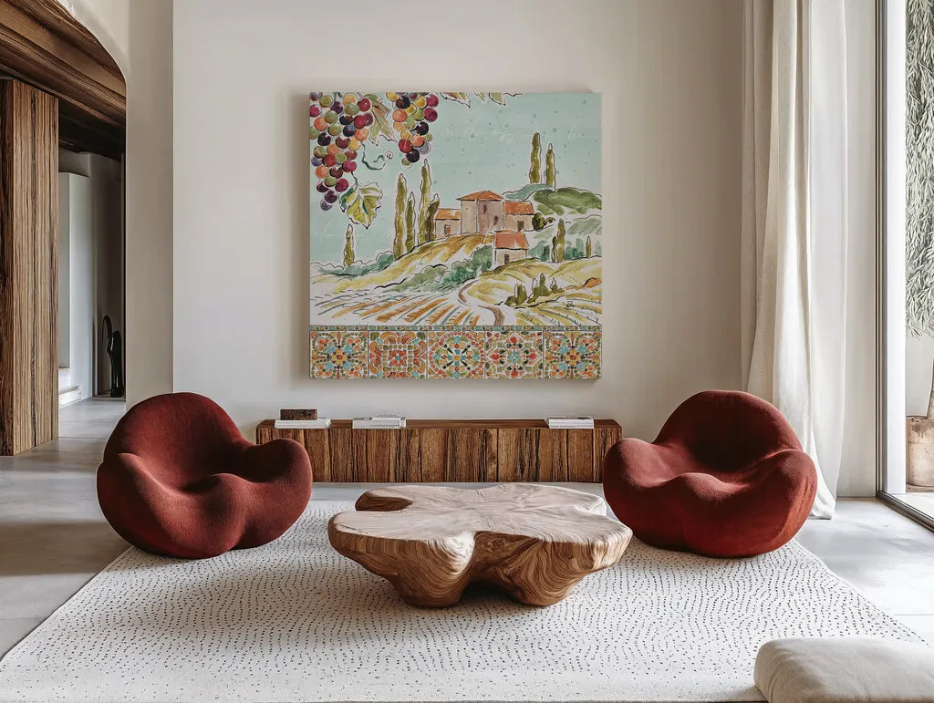 Tuscan Breeze III by Daphne Brissonnet. Shown as extra-large giant wall art in a modern living room. Available as an archival giclee rolled canvas, fine art paper, or poster print. SKU 37480a.