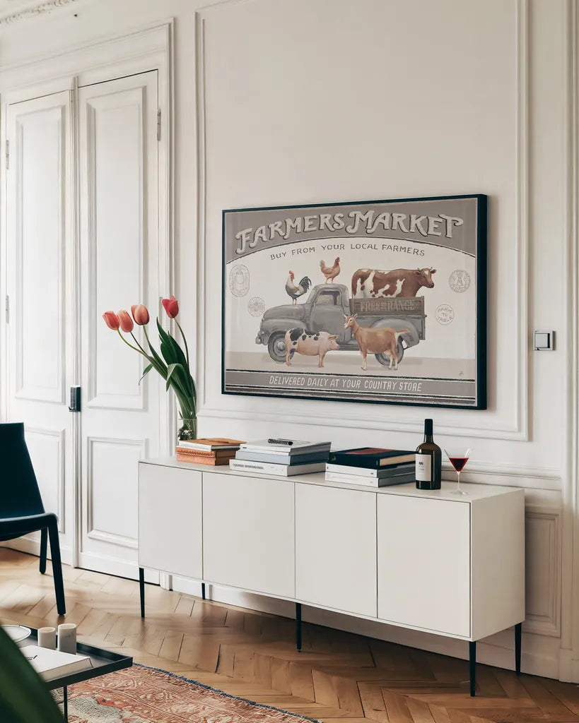 Vintage Farm I by Daphne Brissonnet. shown as a framed stretched canvas in a living room above a console. Available as a archival giclee rolled canvas, fine art paper, or poster print. SKU 32225i.