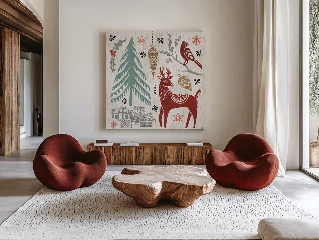 Woodcut Christmas V Color by Daphne Brissonnet. Shown as extra-large giant wall art in a modern living room. Available as an archival giclee rolled canvas, fine art paper, or poster print. SKU 69696a.