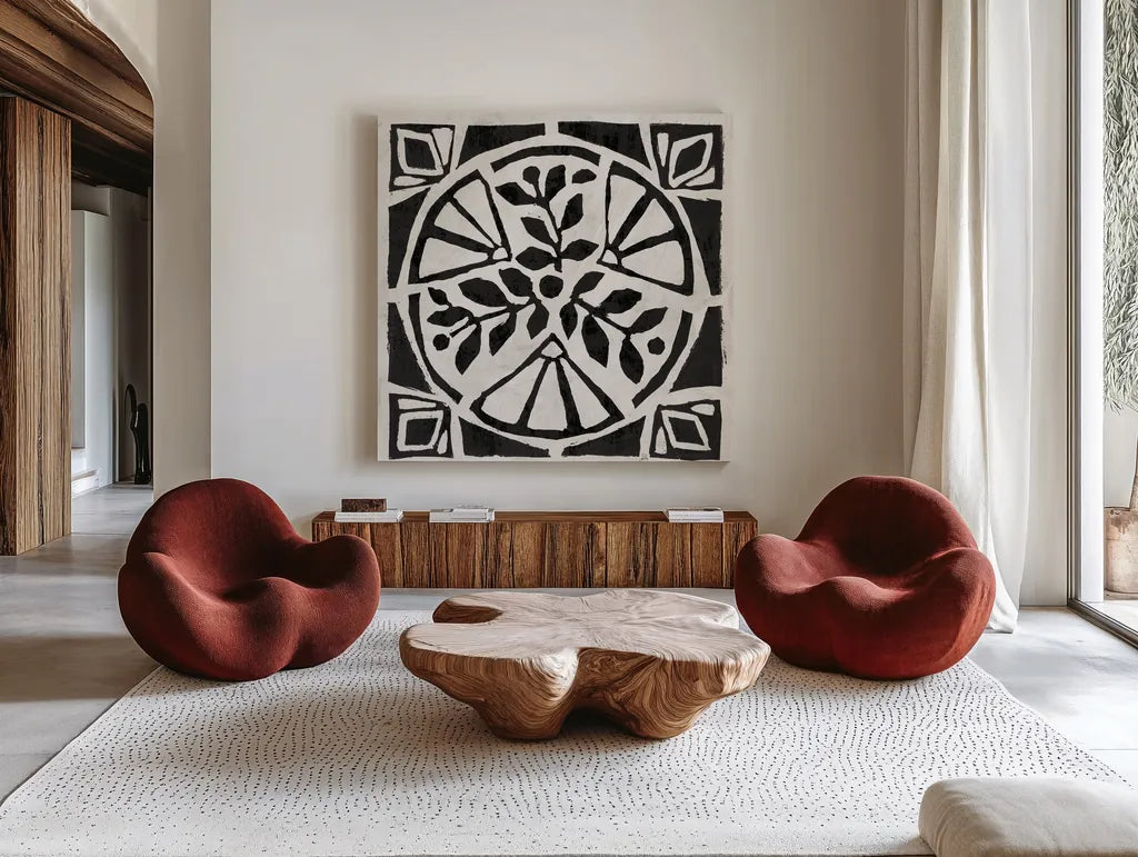 Woodcut Christmas XII by Daphne Brissonnet. Shown as extra-large giant wall art in a modern living room. Available as an archival giclee rolled canvas, fine art paper, or poster print. SKU 69691a.