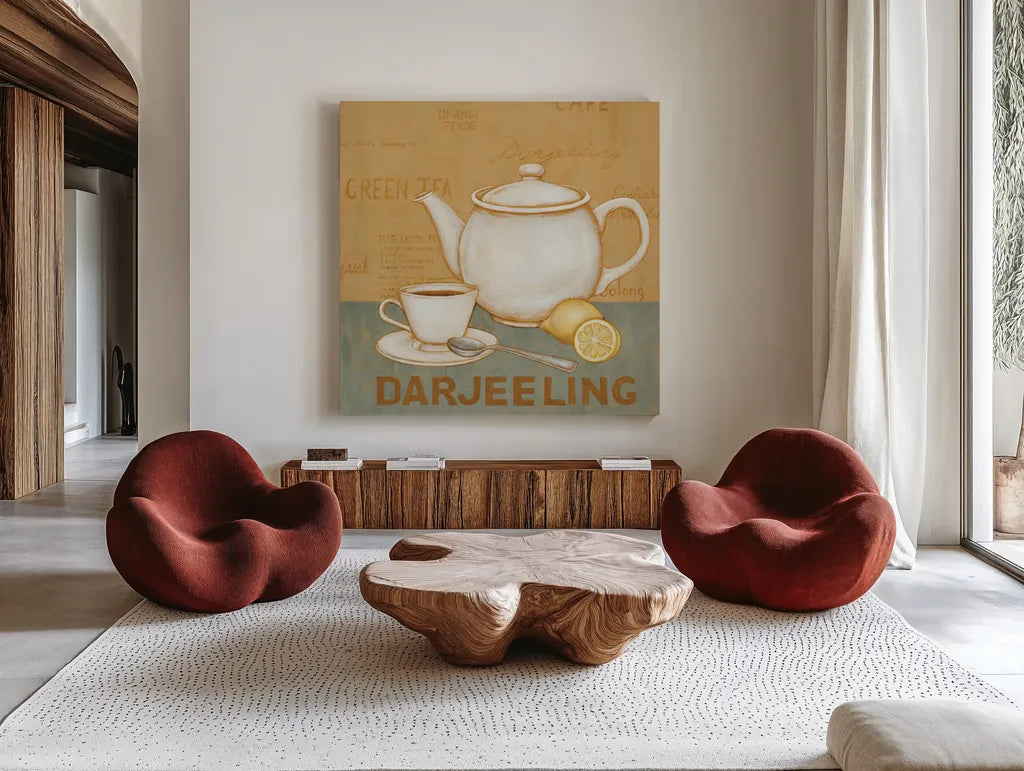 Darjeeling Tea Teal by David Carter Brown. Shown as extra-large giant wall art in a modern living room. Available as an archival giclee rolled canvas, fine art paper, or poster print. SKU 37682a.