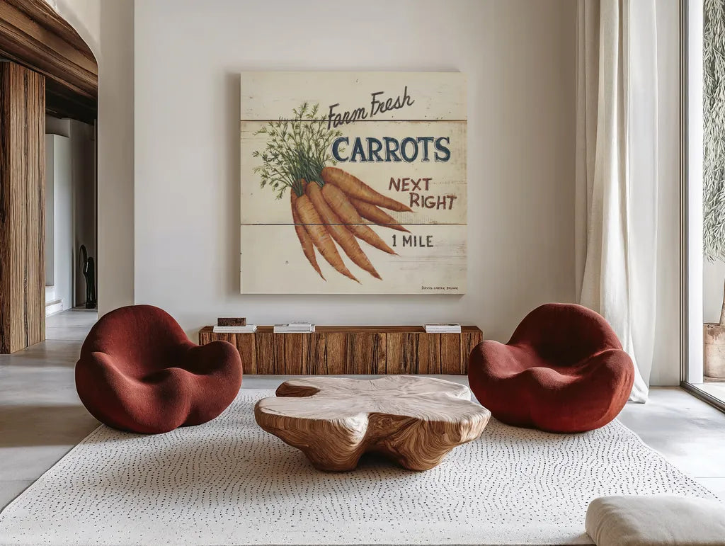 Farm Fresh Carrots by David Carter Brown. Shown as extra-large giant wall art in a modern living room. Available as an archival giclee rolled canvas, fine art paper, or poster print. SKU 3185a.
