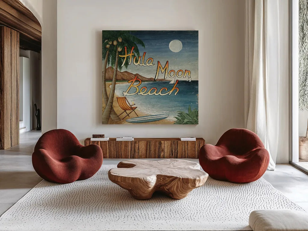 Hula Moon Beach by David Carter Brown. Shown as extra-large giant wall art in a modern living room. Available as an archival giclee rolled canvas, fine art paper, or poster print. SKU 3205a.