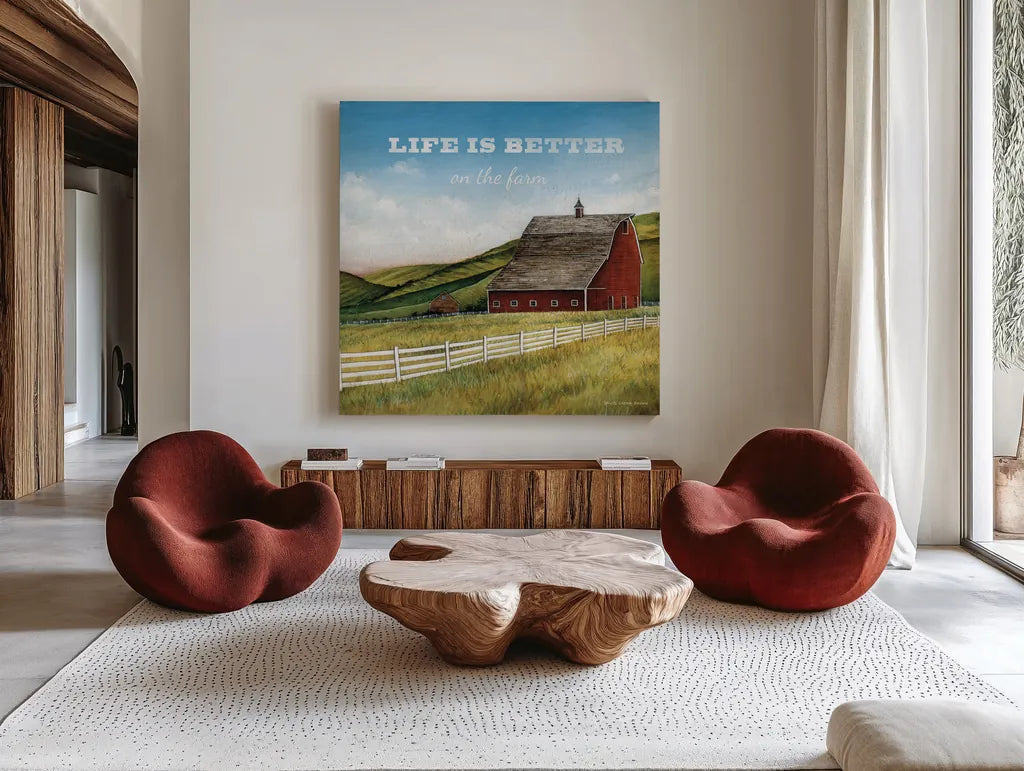 Old Red Barn with Words by David Carter Brown. Shown as extra-large giant wall art in a modern living room. Available as an archival giclee rolled canvas, fine art paper, or poster print. SKU 27738a.