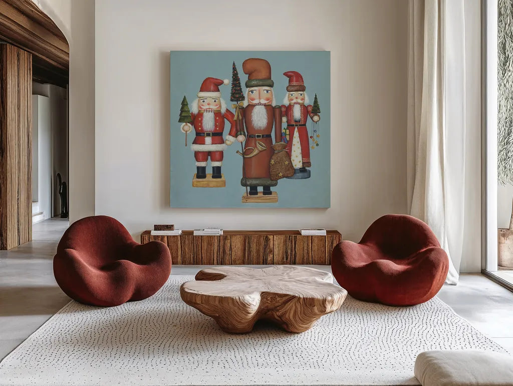 Santa Nutcrackers by David Carter Brown. Shown as extra-large giant wall art in a modern living room. Available as an archival giclee rolled canvas, fine art paper, or poster print. SKU 27109a.