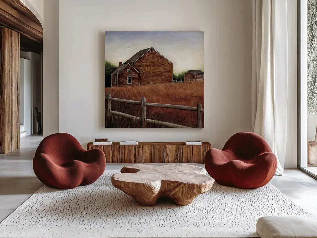 Weathered Barns by David Carter Brown. Shown as extra-large giant wall art in a modern living room. Available as an archival giclee rolled canvas, fine art paper, or poster print. SKU 19505a.