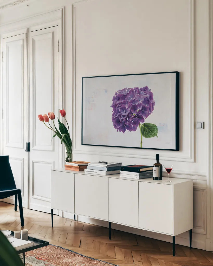 Bright Purple Hydrangea by Deborah Revell. shown as a framed stretched canvas in a living room above a console. Available as a archival giclee rolled canvas, fine art paper, or poster print. SKU 93155i.