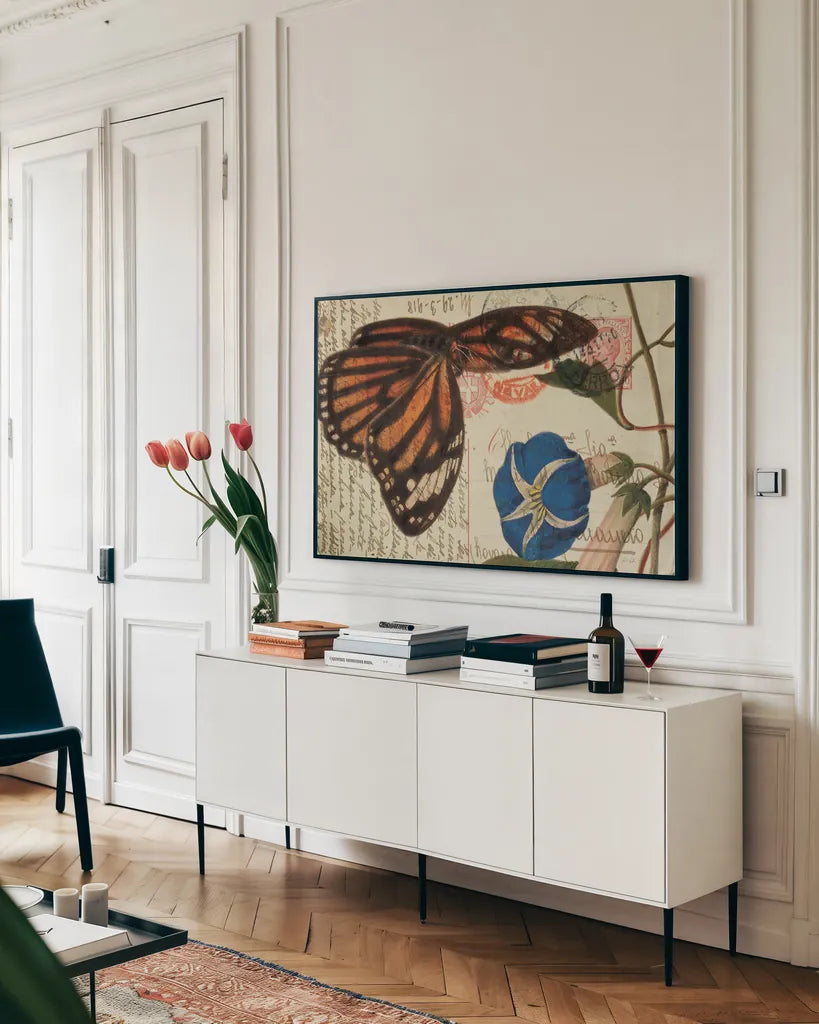Butterfly Postcard I by Deborah Revell. shown as a framed stretched canvas in a living room above a console. Available as a archival giclee rolled canvas, fine art paper, or poster print. SKU 91112i.