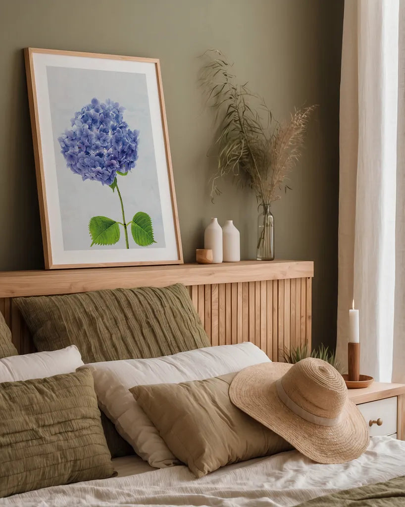 Cape Cod Hydrangea L by Deborah Revell. shown as a paper print in a natural frame. Available as a archival giclee rolled canvas, fine art paper, or poster print. SKU 93156h.