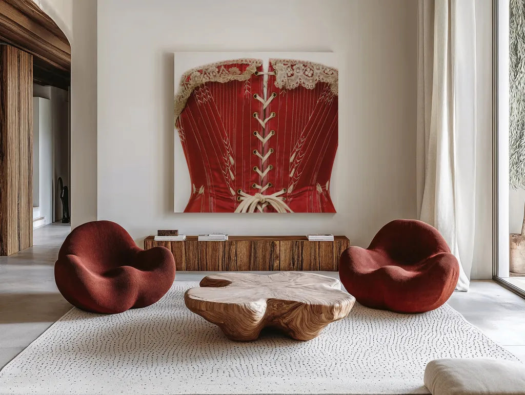 Corset I by Deborah Revell. Shown as extra-large giant wall art in a modern living room. Available as an archival giclee rolled canvas, fine art paper, or poster print. SKU 92283a.