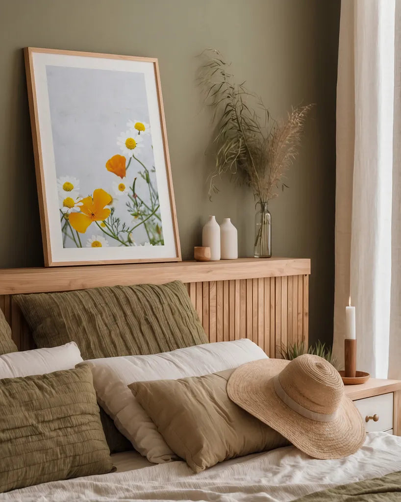 Daisies by Deborah Revell. shown as a paper print in a natural frame. Available as a archival giclee rolled canvas, fine art paper, or poster print. SKU 93427h.