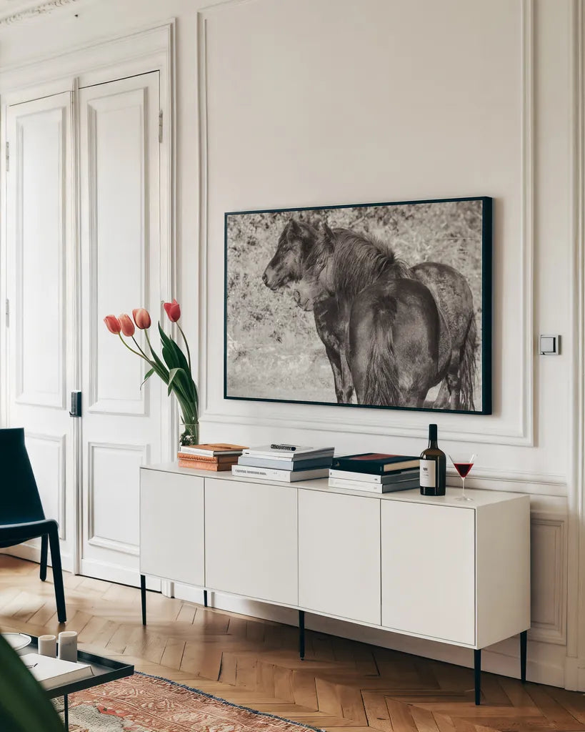 Dartmoor Ponies IV by Deborah Revell. shown as a framed stretched canvas in a living room above a console. Available as a archival giclee rolled canvas, fine art paper, or poster print. SKU 94280i.