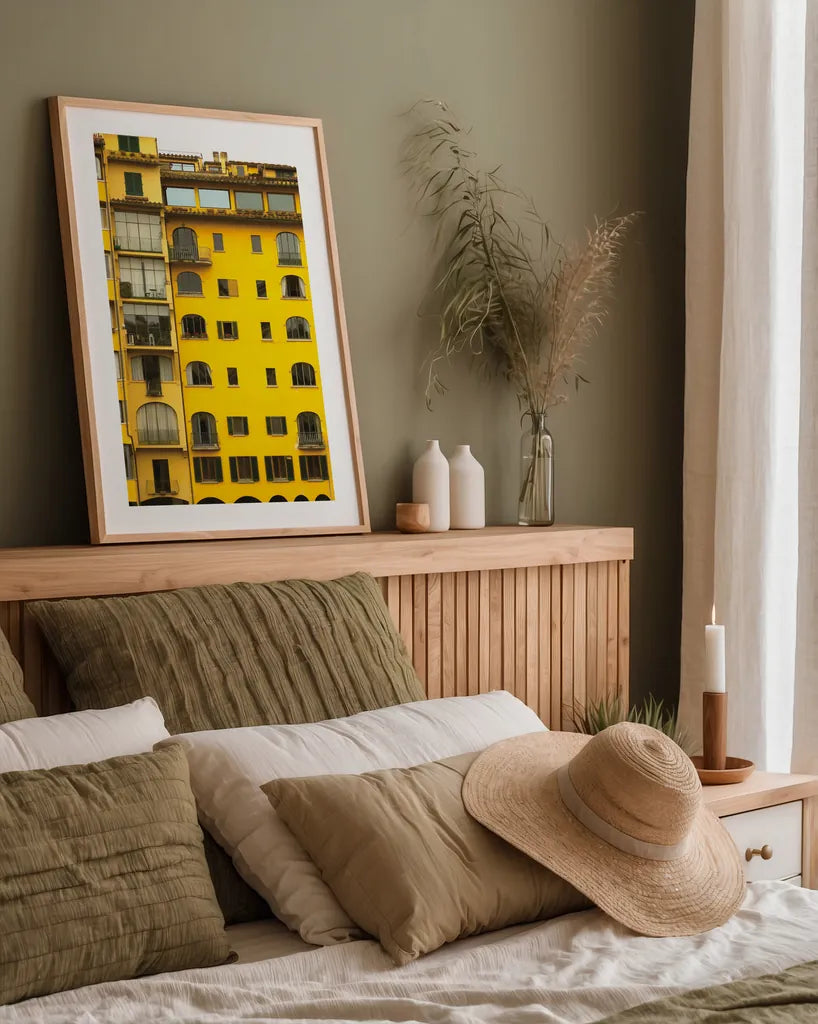 Florence Yellow by Deborah Revell. shown as a paper print in a natural frame. Available as a archival giclee rolled canvas, fine art paper, or poster print. SKU 95015h.