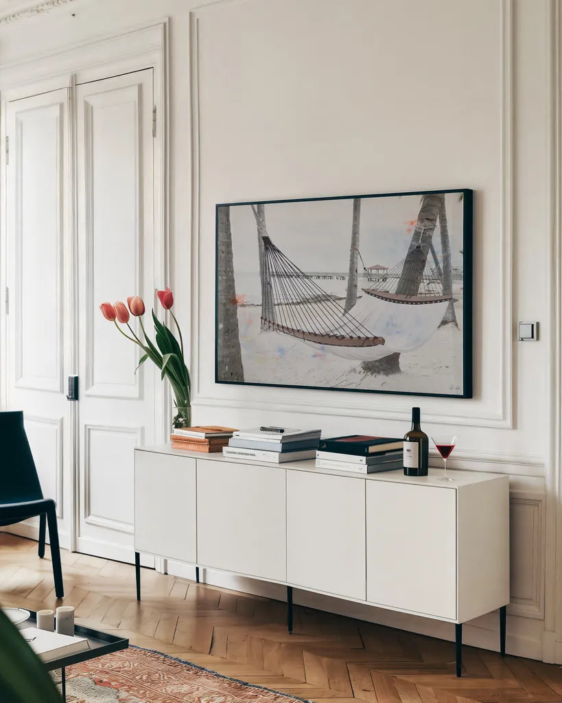 Hammock by Deborah Revell. shown as a framed stretched canvas in a living room above a console. Available as a archival giclee rolled canvas, fine art paper, or poster print. SKU 102081i.