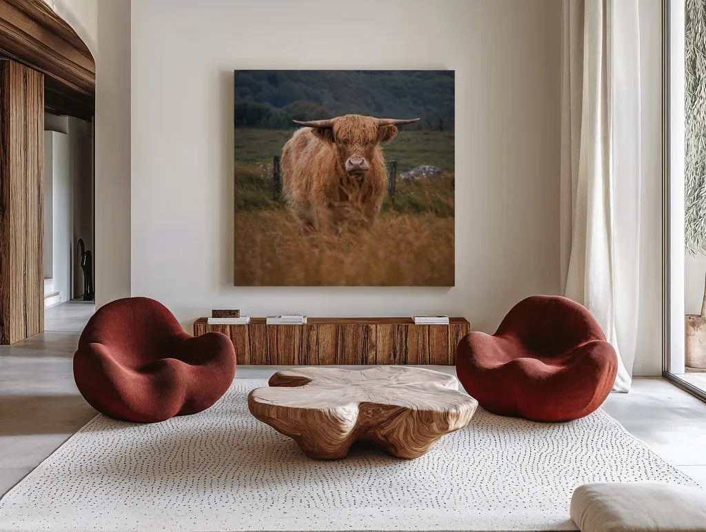 Happy Highland by Deborah Revell. Shown as extra-large giant wall art in a modern living room. Available as an archival giclee rolled canvas, fine art paper, or poster print. SKU 95759a.