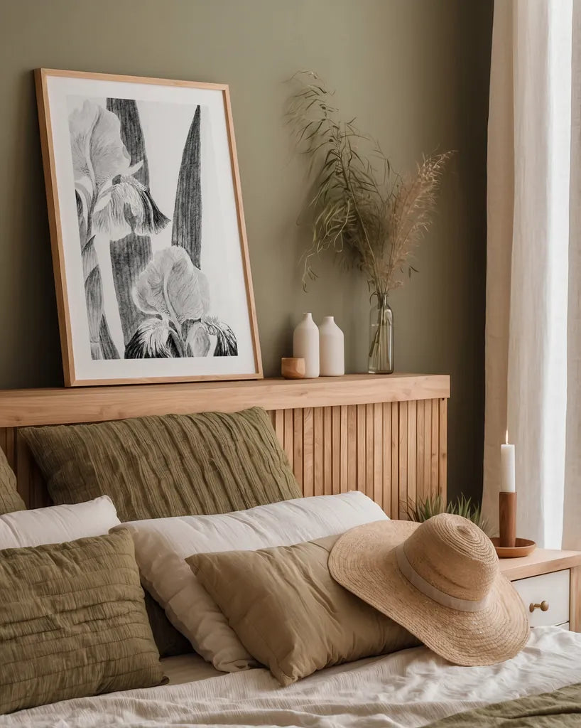 Illustrated Iris I by Deborah Revell. shown as a paper print in a natural frame. Available as a archival giclee rolled canvas, fine art paper, or poster print. SKU 98138h.