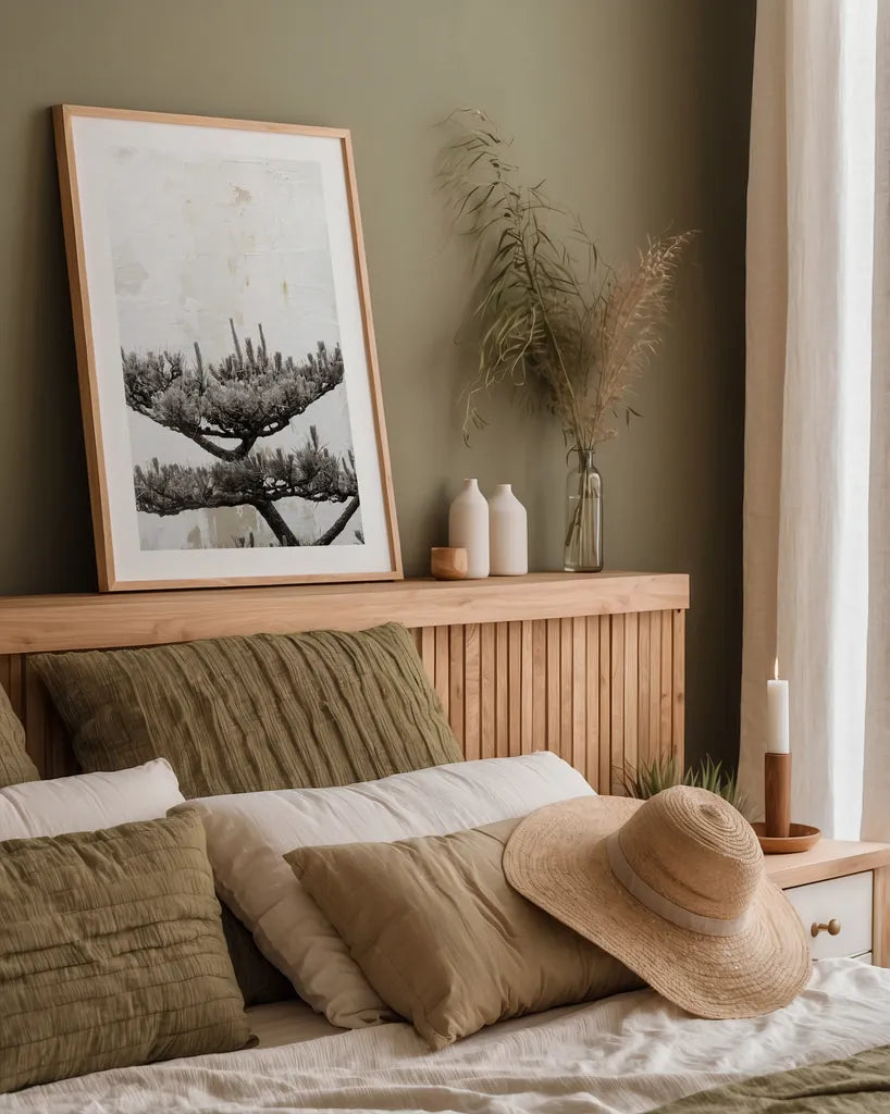 Japanese Tree by Deborah Revell. shown as a paper print in a natural frame. Available as a archival giclee rolled canvas, fine art paper, or poster print. SKU 100052h.