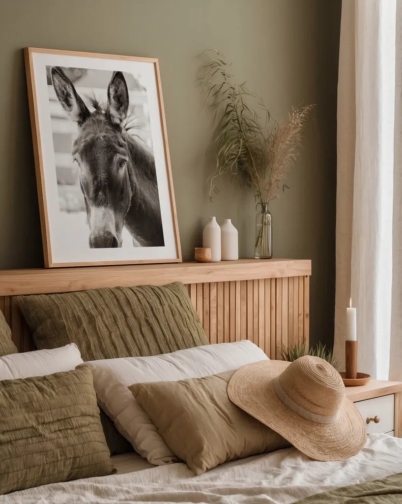 Little Donkey VI by Deborah Revell. shown as a paper print in a natural frame. Available as a archival giclee rolled canvas, fine art paper, or poster print. SKU 100662h.