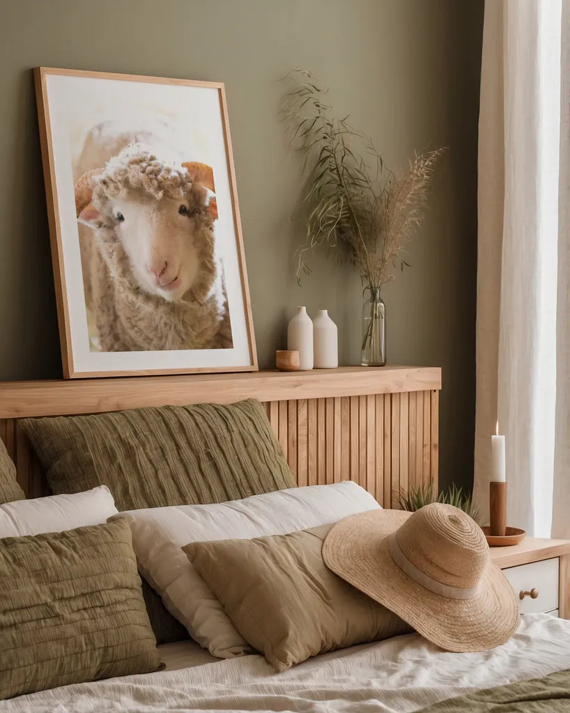 Little Lamb by Deborah Revell. shown as a paper print in a natural frame. Available as a archival giclee rolled canvas, fine art paper, or poster print. SKU 96305h.