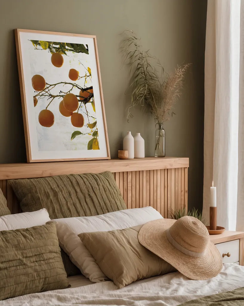 Oranges IV by Deborah Revell. shown as a paper print in a natural frame. Available as a archival giclee rolled canvas, fine art paper, or poster print. SKU 94131h.