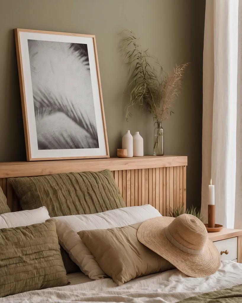 Palm Shadow Afternoon I by Deborah Revell. shown as a paper print in a natural frame. Available as a archival giclee rolled canvas, fine art paper, or poster print. SKU 94352h.