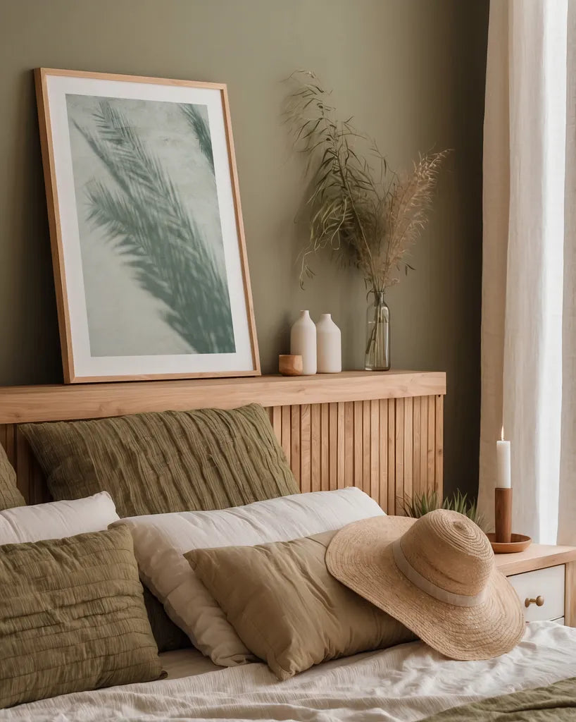 Palm Shadow I by Deborah Revell. shown as a paper print in a natural frame. Available as a archival giclee rolled canvas, fine art paper, or poster print. SKU 94354h.