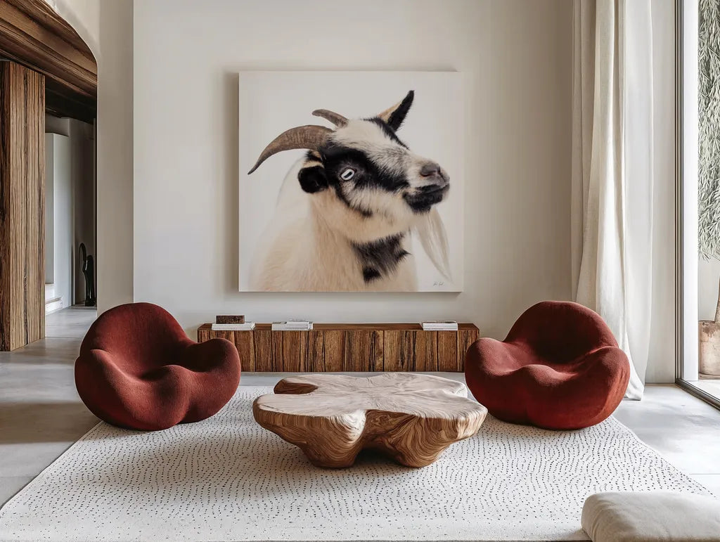 Pippa the Goat III by Deborah Revell. Shown as extra-large giant wall art in a modern living room. Available as an archival giclee rolled canvas, fine art paper, or poster print. SKU 96299a.