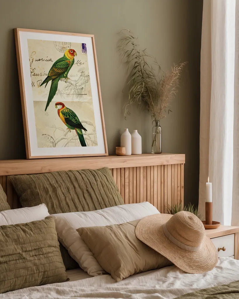 Pretty Bird III by Deborah Revell. shown as a paper print in a natural frame. Available as a archival giclee rolled canvas, fine art paper, or poster print. SKU 92342h.
