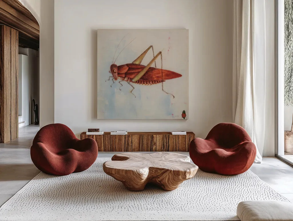 Red Grasshopper by Deborah Revell. Shown as extra-large giant wall art in a modern living room. Available as an archival giclee rolled canvas, fine art paper, or poster print. SKU 91139a.