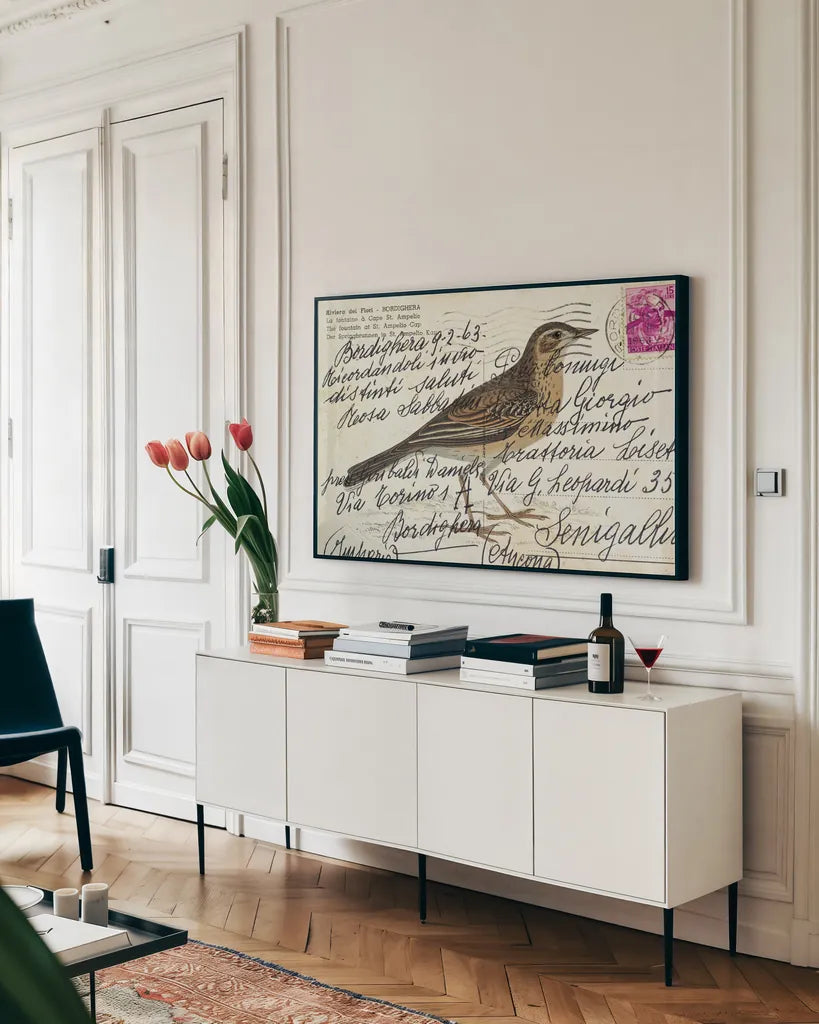 Richards Pipit by Deborah Revell. shown as a framed stretched canvas in a living room above a console. Available as a archival giclee rolled canvas, fine art paper, or poster print. SKU 101621i.