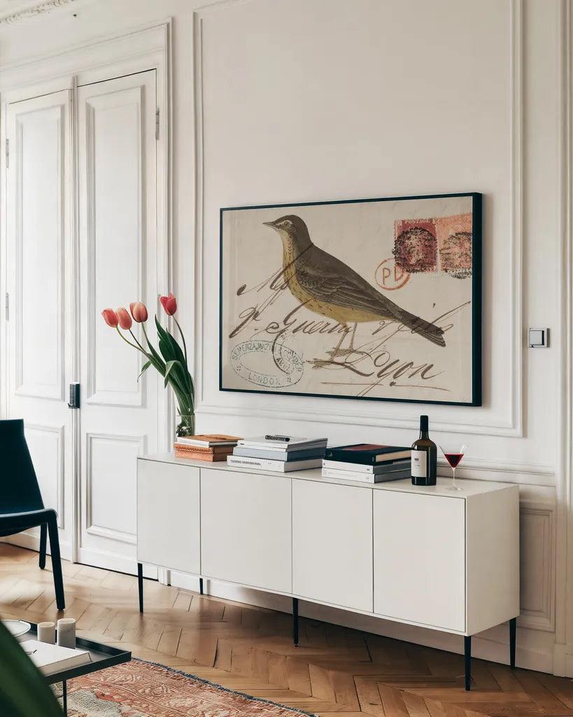 Rock Pipit by Deborah Revell. shown as a framed stretched canvas in a living room above a console. Available as a archival giclee rolled canvas, fine art paper, or poster print. SKU 101622i.