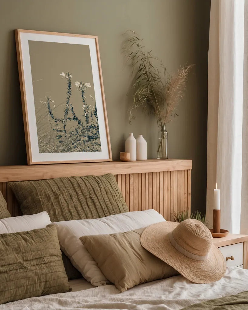 Saltwind Meadow II by Deborah Revell. shown as a paper print in a natural frame. Available as a archival giclee rolled canvas, fine art paper, or poster print. SKU 100996h.