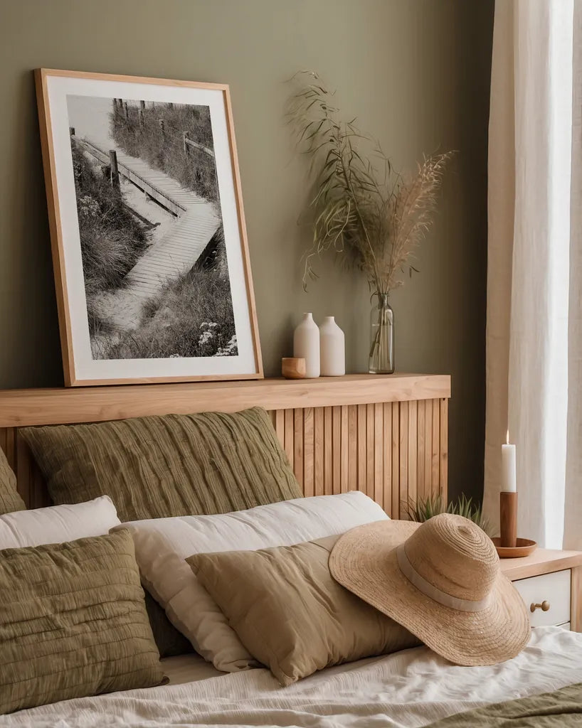 Sandwalk by Deborah Revell. shown as a paper print in a natural frame. Available as a archival giclee rolled canvas, fine art paper, or poster print. SKU 100999h.