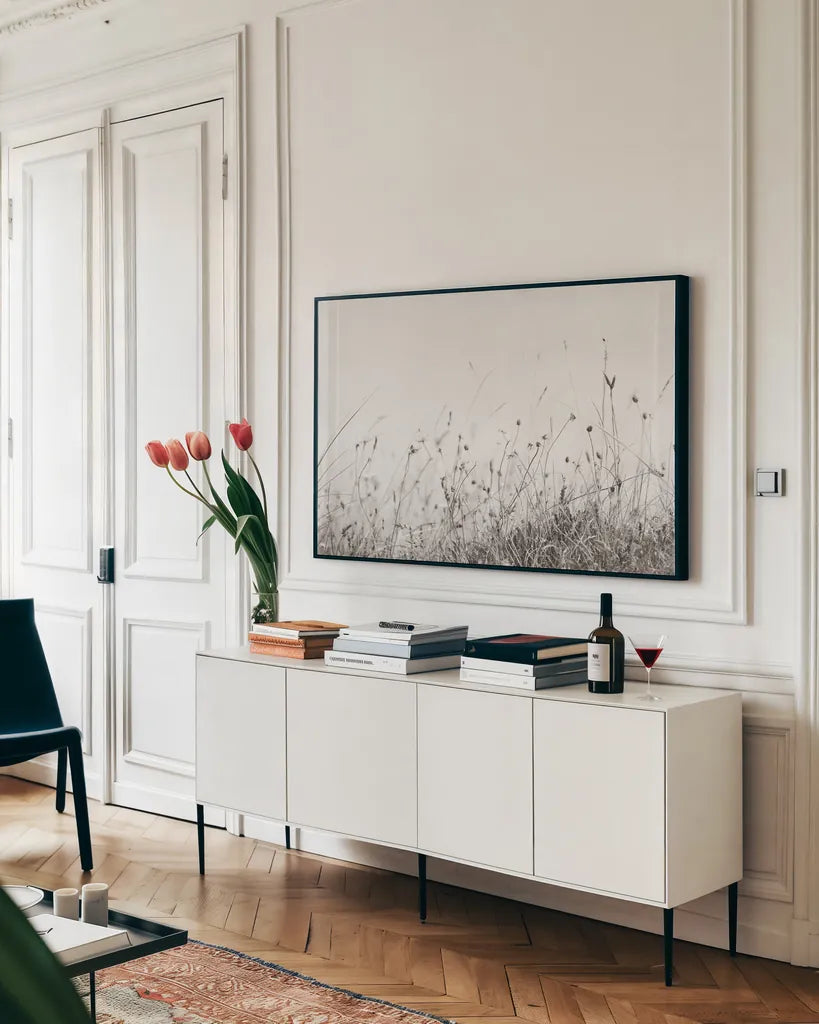 Sea Breeze I by Deborah Revell. shown as a framed stretched canvas in a living room above a console. Available as a archival giclee rolled canvas, fine art paper, or poster print. SKU 102084i.