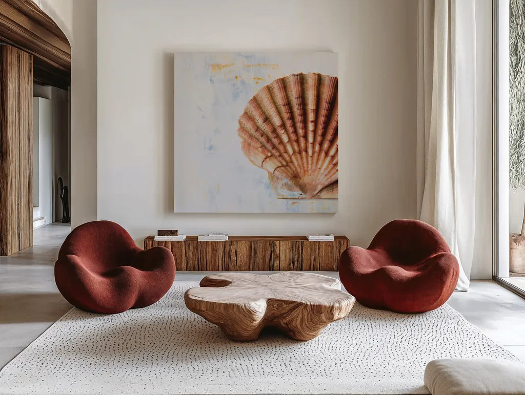 Seashell by Deborah Revell. Shown as extra-large giant wall art in a modern living room. Available as an archival giclee rolled canvas, fine art paper, or poster print. SKU 91179a.