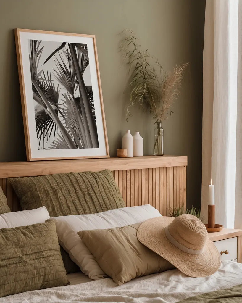 Sepia Palms by Deborah Revell. shown as a paper print in a natural frame. Available as a archival giclee rolled canvas, fine art paper, or poster print. SKU 94294h.