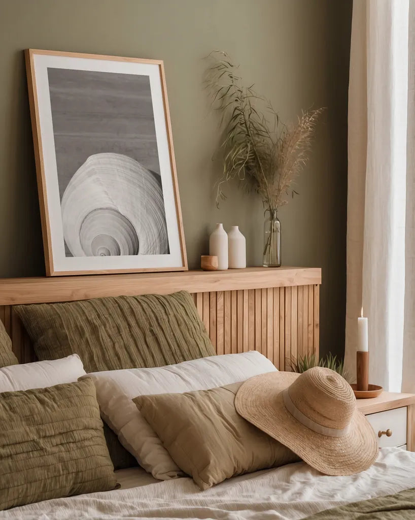 Sepia Shell by Deborah Revell. shown as a paper print in a natural frame. Available as a archival giclee rolled canvas, fine art paper, or poster print. SKU 95328h.