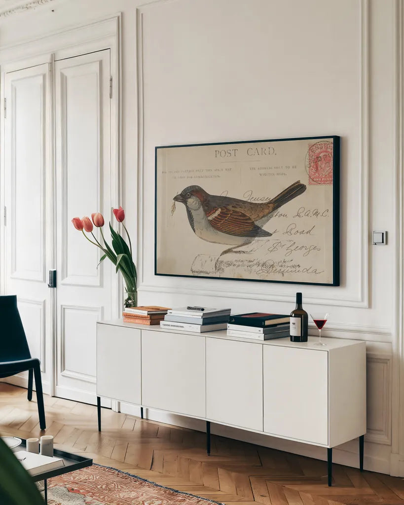 Sparrow by Deborah Revell. shown as a framed stretched canvas in a living room above a console. Available as a archival giclee rolled canvas, fine art paper, or poster print. SKU 101623i.
