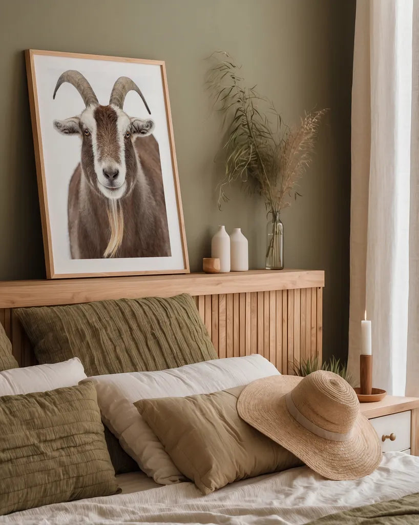 Susan the Goat by Deborah Revell. shown as a paper print in a natural frame. Available as a archival giclee rolled canvas, fine art paper, or poster print. SKU 96323h.