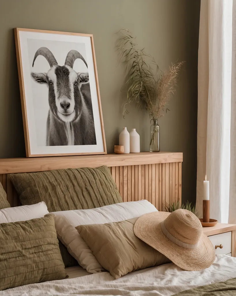 Susan the Goat BW by Deborah Revell. shown as a paper print in a natural frame. Available as a archival giclee rolled canvas, fine art paper, or poster print. SKU 96324h.