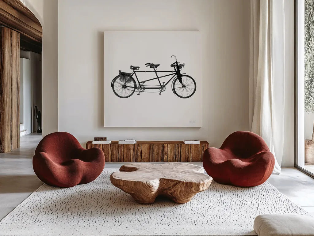 Tandem Bike by Deborah Revell. Shown as extra-large giant wall art in a modern living room. Available as an archival giclee rolled canvas, fine art paper, or poster print. SKU 92264a.