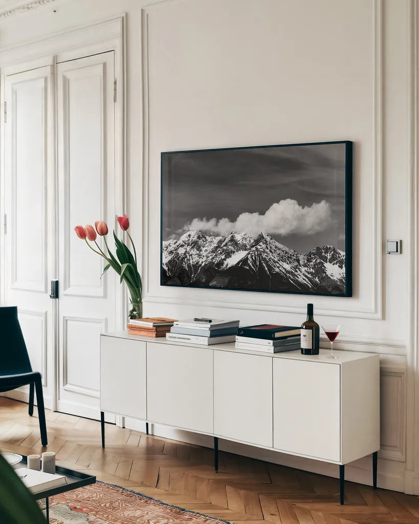 The Dolomites III by Deborah Revell. shown as a framed stretched canvas in a living room above a console. Available as a archival giclee rolled canvas, fine art paper, or poster print. SKU 92050i.