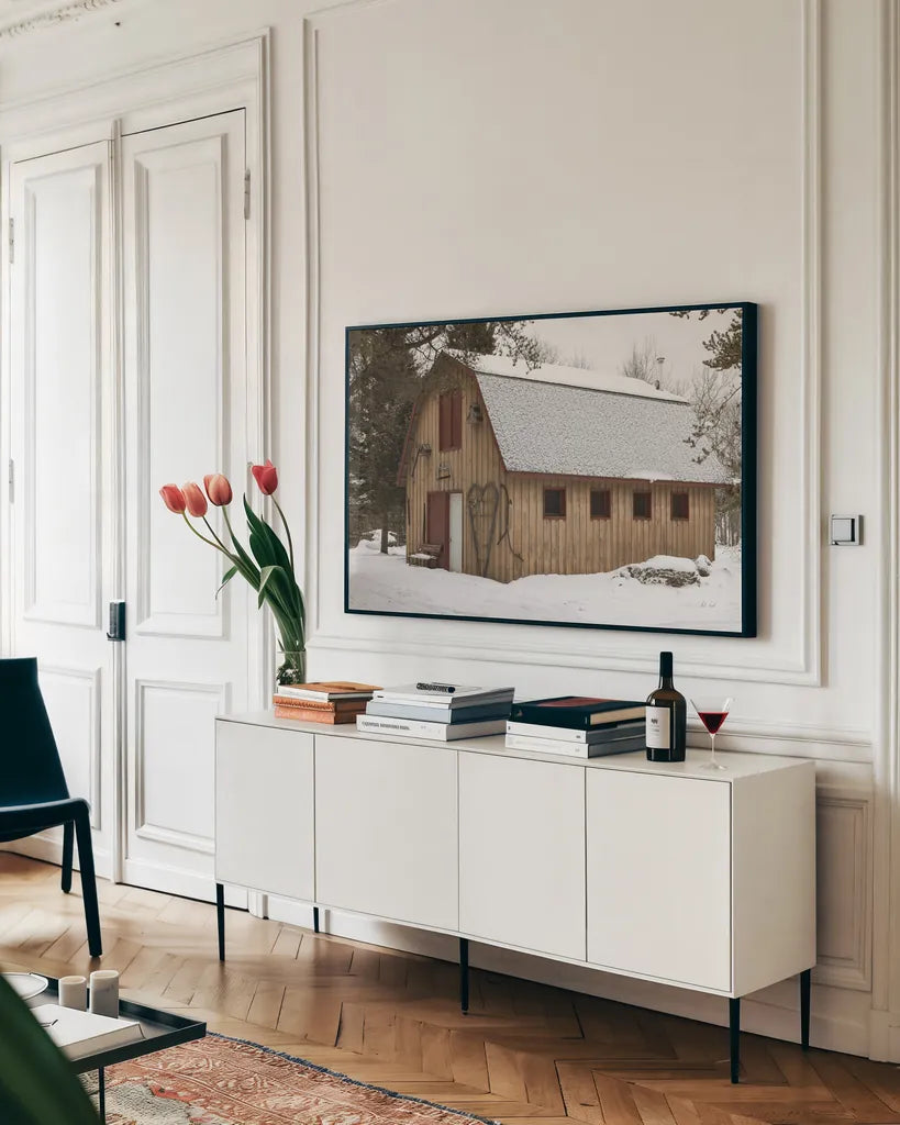 The Hunting Lodge I by Deborah Revell. shown as a framed stretched canvas in a living room above a console. Available as a archival giclee rolled canvas, fine art paper, or poster print. SKU 96609i.