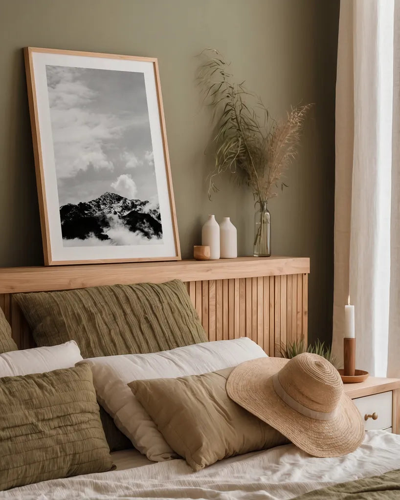 The Mountain Top by Deborah Revell. shown as a paper print in a natural frame. Available as a archival giclee rolled canvas, fine art paper, or poster print. SKU 92029h.